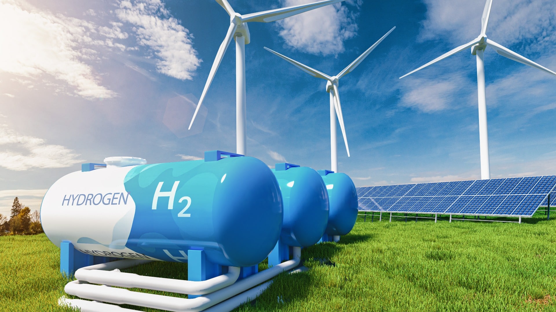 Green Hydrogen renewable energy production pipeline - green hydrogen gas for clean electricity solar and windturbine facility