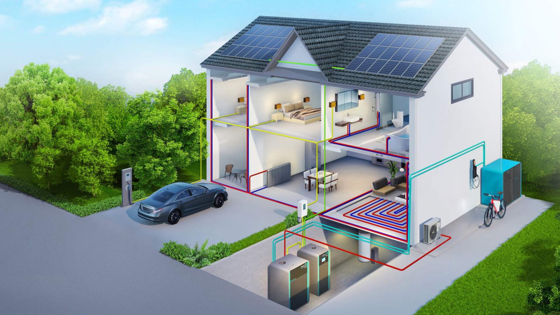 Ein modernes Haus mit Solarpanelen, Energiesystemen und einem Auto, das in der Garage lädt.